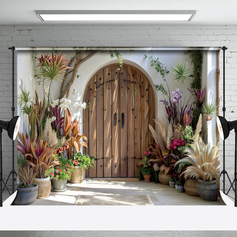Aperturee - Aperturee Spring Sunlight Wooden Door Floral Wedding Backdrop