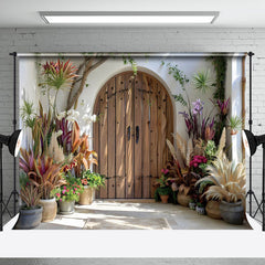 Aperturee - Aperturee Spring Sunlight Wooden Door Floral Wedding Backdrop