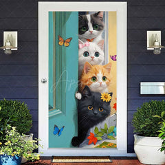 Aperturee - Aperturee Spring Vibe Cute Cat Teal Door Butterfly Door Cover