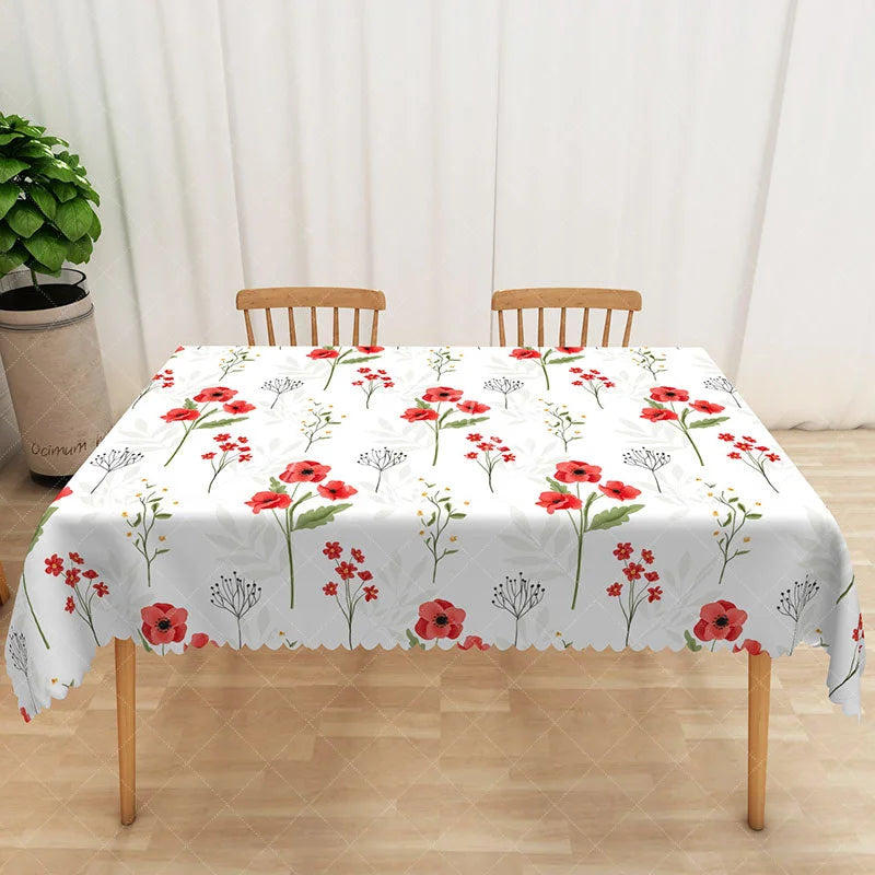 Aperturee - Aperturee Spring Vibe Tablecloth with Repeating Red Flowers for Cheerful Holiday Valentine’s or Garden Party