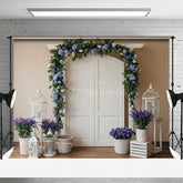 Aperturee Aperturee Spring Wedding Doorway Backdrop White Double Doors with Blue and Purple Floral Arch Garden Party Photo Prop Decor