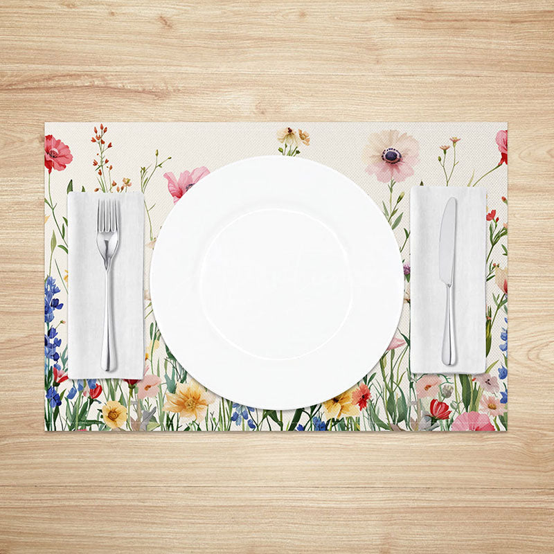 Aperturee - Aperturee Spring Wildflower Placemats Set of 4 Colorful Botanical Print on Beige for Farmhouse Kitchen Decor