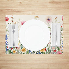 Aperturee - Aperturee Spring Wildflower Placemats Set of 4 Colorful Botanical Print on Beige for Farmhouse Kitchen Decor