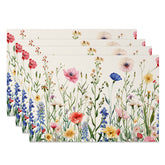 Aperturee - Aperturee Spring Wildflower Placemats Set of 4 Colorful Botanical Print on Beige for Farmhouse Kitchen Decor