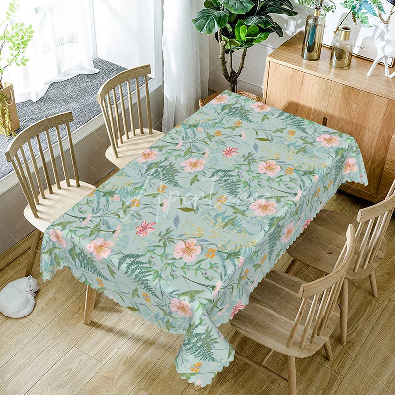 Aperturee - Aperturee Spring Wildflower Rectangle Tablecloth Pink Floral and Fern Botanical Print Light Blue Garden Party Decor