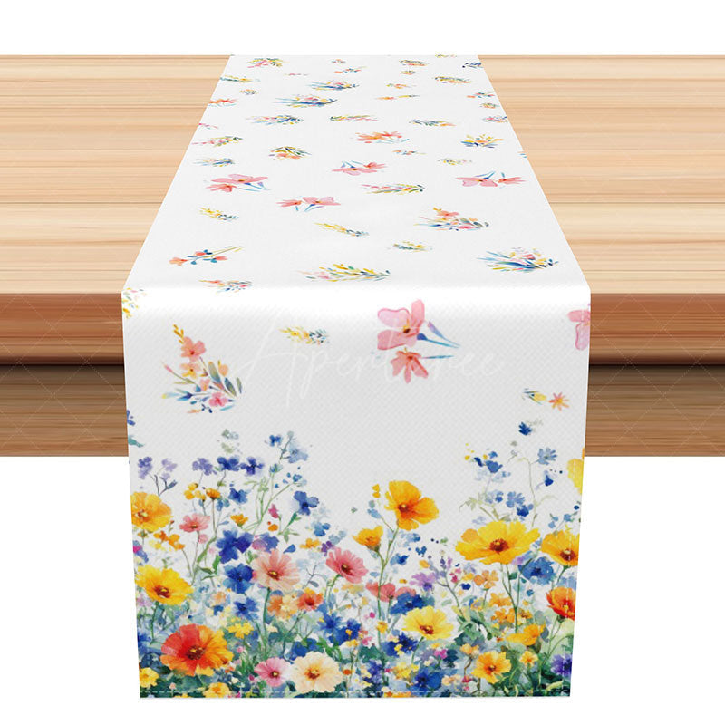 Aperturee - Aperturee Spring Wildflower Table Runner with Colorful Botanical Pattern for Farmhouse Kitchen and Garden Party