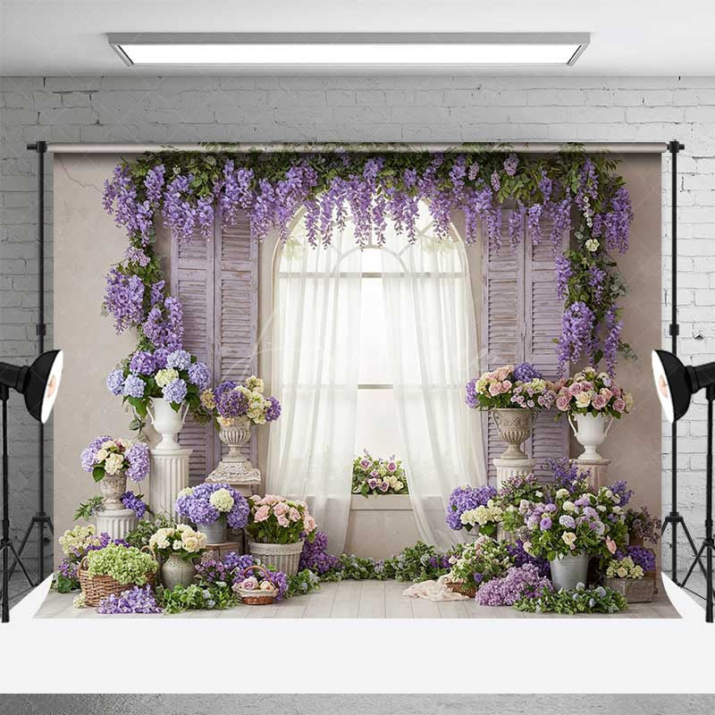Aperturee Aperturee Spring Window Photography Backdrop Purple Wisteria and Romantic Floral Decor Garden Wedding or Bridal Shower Prop