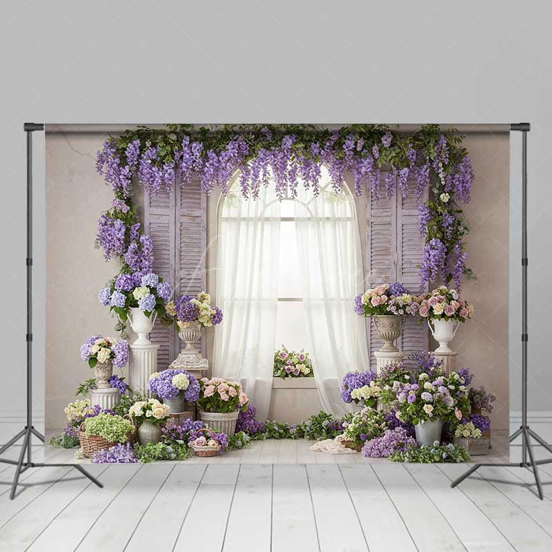 Aperturee Aperturee Spring Window Photography Backdrop Purple Wisteria and Romantic Floral Decor Garden Wedding or Bridal Shower Prop