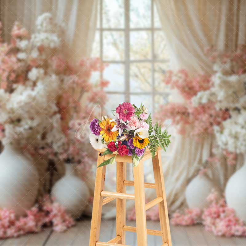 Aperturee Aperturee Spring Window Scene Photography Backdrop Pink and White Cherry Blossoms Romantic Indoor Garden Studio Photo Prop