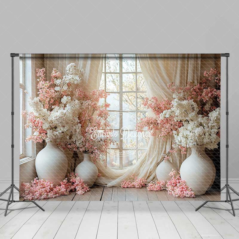Aperturee Aperturee Spring Window Scene Photography Backdrop Pink and White Cherry Blossoms Romantic Indoor Garden Studio Photo Prop