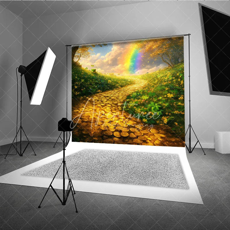 Aperturee - Aperturee St Patricks Day Backdrop Gold Coins Path Rainbow and Green Shamrocks Photography Background Irish Holiday Props