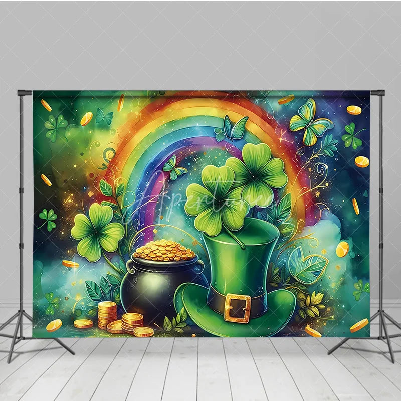 Aperturee - Aperturee St Patricks Day Backdrop Green Top Hat and Pot of Gold with Rainbow Background Lucky Shamrock Irish Party Decorations
