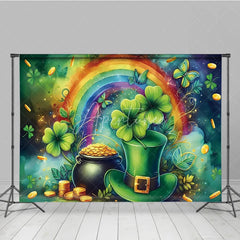 Aperturee - Aperturee St Patricks Day Backdrop Green Top Hat and Pot of Gold with Rainbow Background Lucky Shamrock Irish Party Decorations