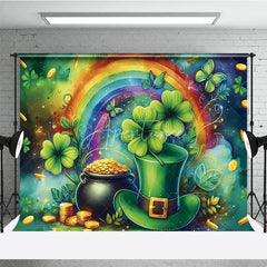 Aperturee - Aperturee St Patricks Day Backdrop Green Top Hat and Pot of Gold with Rainbow Background Lucky Shamrock Irish Party Decorations