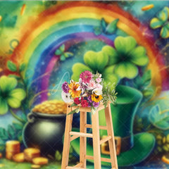Aperturee - Aperturee St Patricks Day Backdrop Green Top Hat and Pot of Gold with Rainbow Background Lucky Shamrock Irish Party Decorations