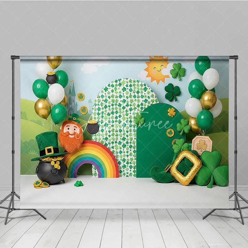 Aperturee - Aperturee St Patricks Day Backdrop Lucky Leprechaun and Rainbow with Pot of Gold Green Holiday Background