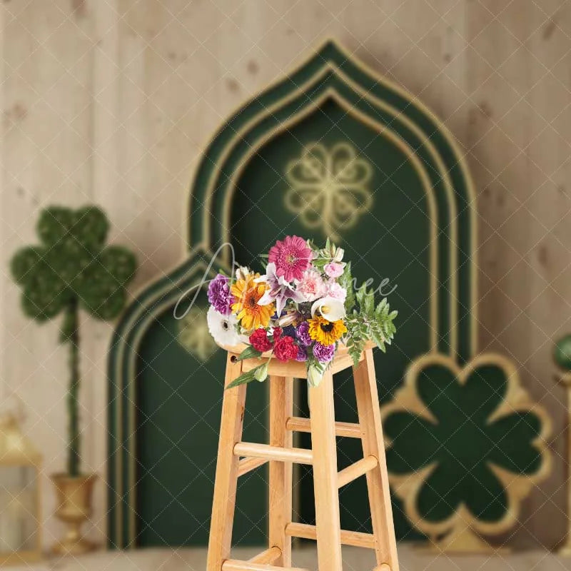Aperturee - Aperturee St Patricks Day Green Backdrop Lucky Shamrock Arch Background Gold Neon Light Wooden Wall Irish Photography Prop