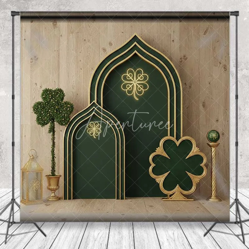 Aperturee - Aperturee St Patricks Day Green Backdrop Lucky Shamrock Arch Background Gold Neon Light Wooden Wall Irish Photography Prop