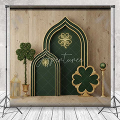 Aperturee - Aperturee St Patricks Day Green Backdrop Lucky Shamrock Arch Background Gold Neon Light Wooden Wall Irish Photography Prop