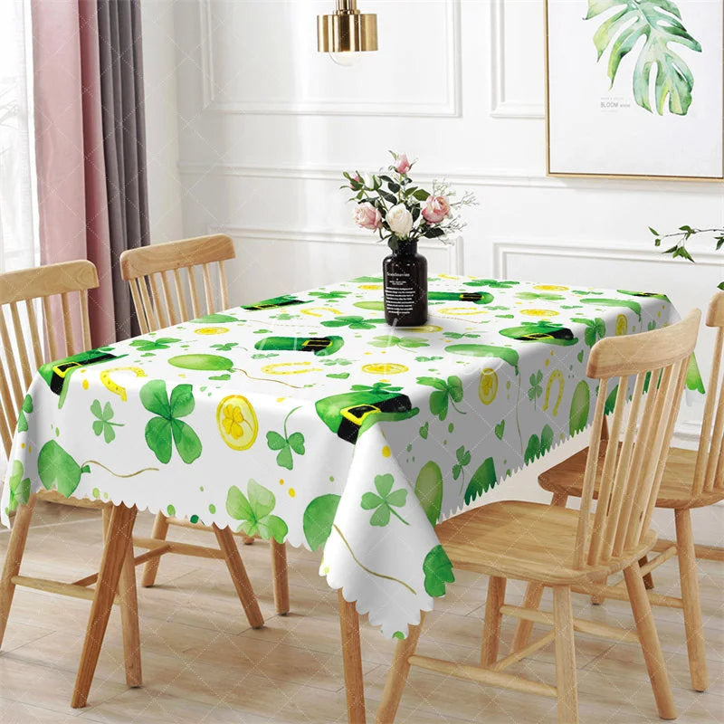Aperturee - Aperturee St. Patrick’s Day Leprechaun Hat and Gold Coin Rectangle Tablecloth Lucky Shamrock Watercolor Table Cover
