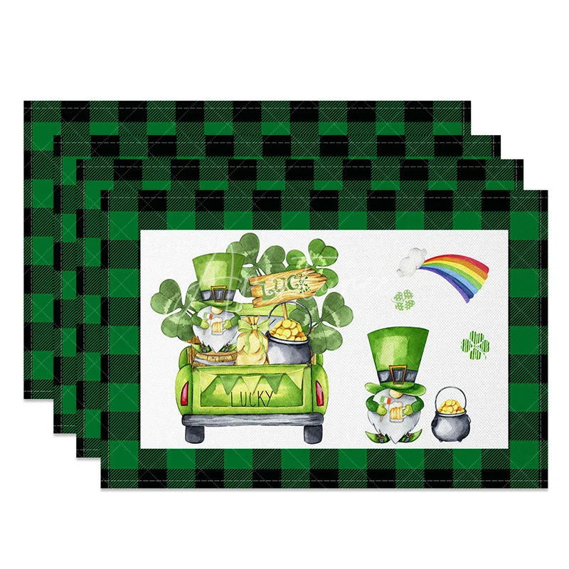 Aperturee - Aperturee St. Patricks Day Lucky Gnomes Set of 4 Placemats Watercolor Leprechaun and Rainbow Plaid Table Mats