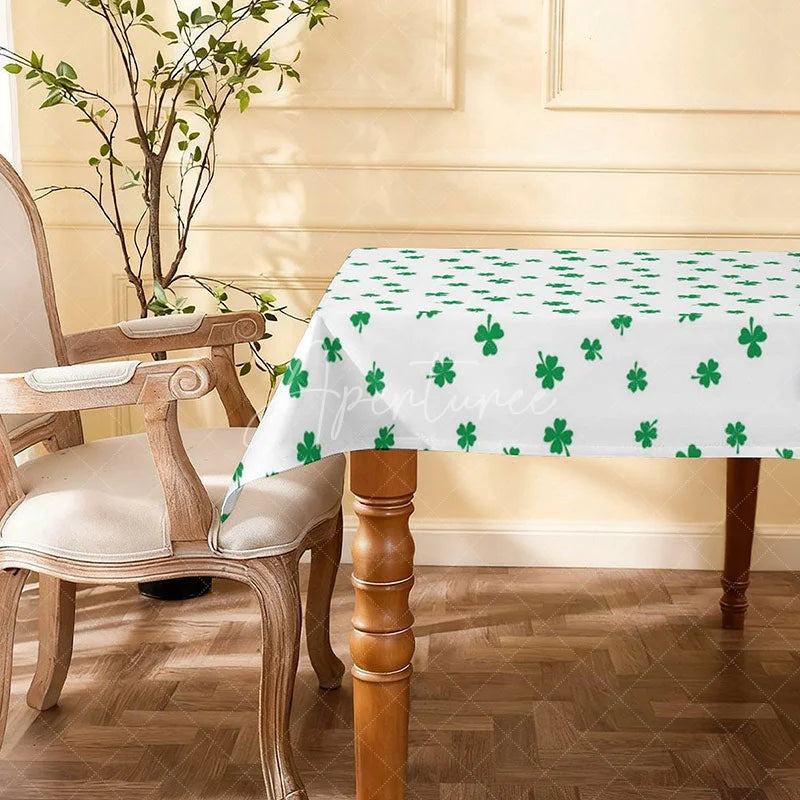 Aperturee - Aperturee St Patricks Day Rectangle Tablecloth Green Shamrocks Lucky Clovers Pattern Holiday Party Decoration