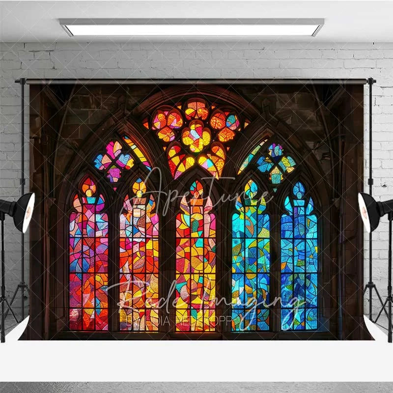 Aperturee - Aperturee Stained Glass Window Combo Set Backdrop Colorful Church Arch Dark Wood Floor Background Religious Photography Prop