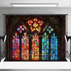Aperturee - Aperturee Stained Glass Window Combo Set Backdrop Colorful Church Arch Dark Wood Floor Background Religious Photography Prop