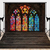 Aperturee - Aperturee Stained Glass Window Combo Set Backdrop Colorful Church Arch Dark Wood Floor Background Religious Photography Prop