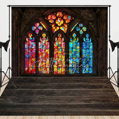 Aperturee - Aperturee Stained Glass Window Combo Set Backdrop Colorful Church Arch Dark Wood Floor Background Religious Photography Prop