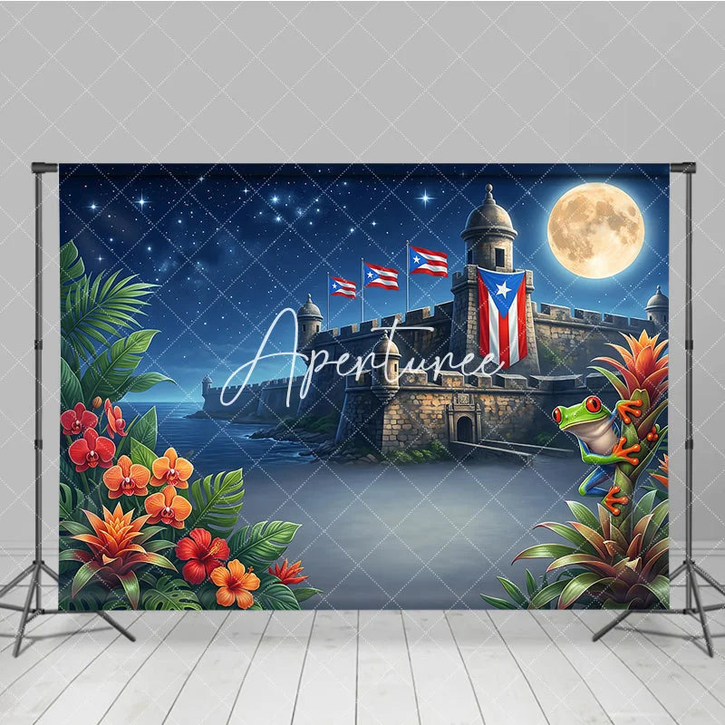 Aperturee - Aperturee Starry Night Full Moon Tropical Fortress Holiday Backdrop with Red Eyed Frog and Island Flags Exotic Celebration
