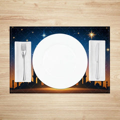 Aperturee - Aperturee Starry Night Ramadan Mosque Set of 4 Placemats Glowing Moon and Stars Eid Mubarak Dining Table Mats for Home