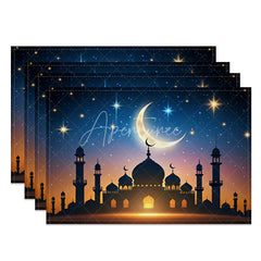 Aperturee - Aperturee Starry Night Ramadan Mosque Set of 4 Placemats Glowing Moon and Stars Eid Mubarak Dining Table Mats for Home