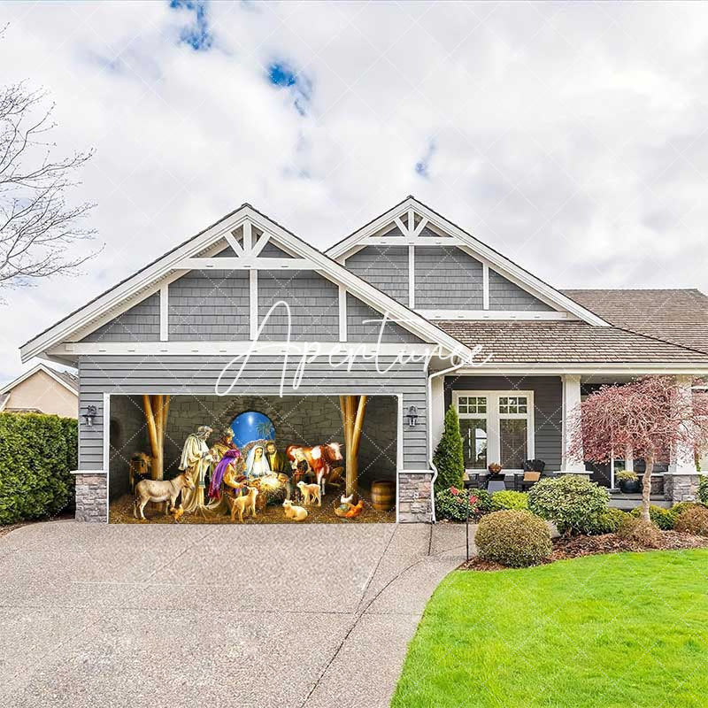 Aperturee - Aperturee Starry Night Stone Shed Nativity Garage Door Banner