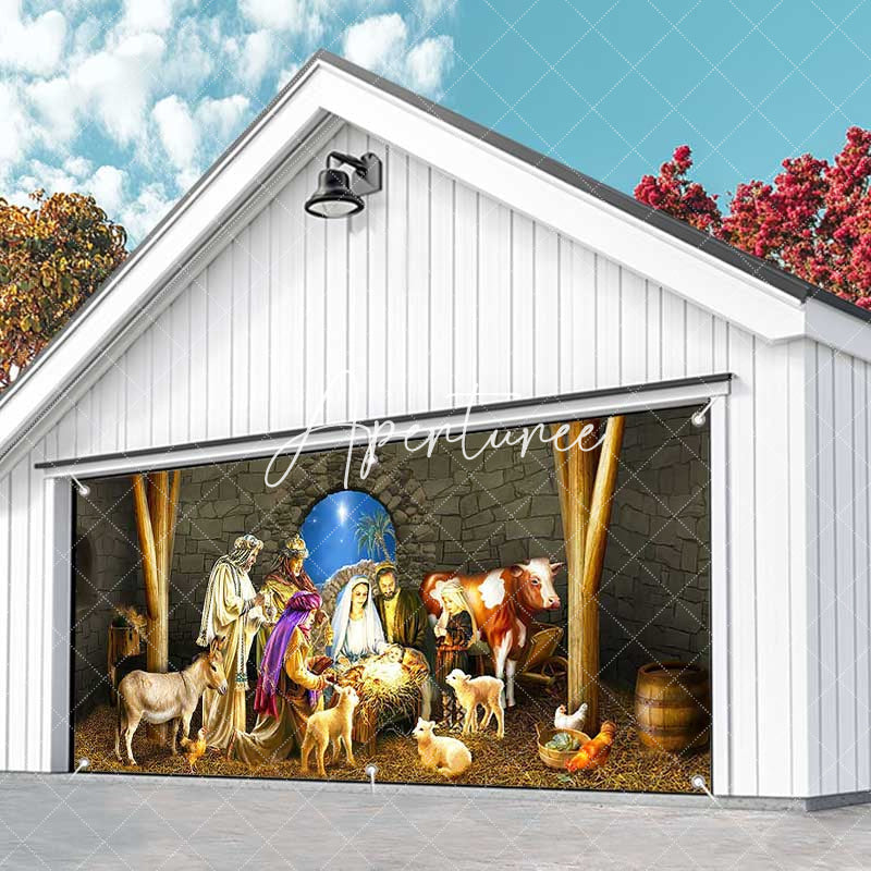 Aperturee - Aperturee Starry Night Stone Shed Nativity Garage Door Banner