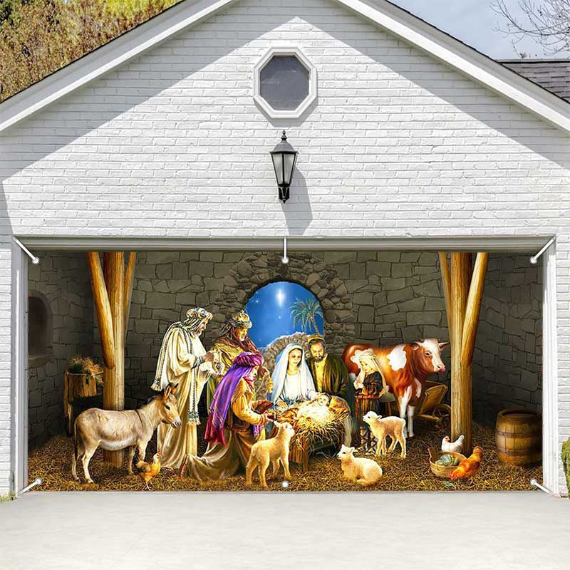 Aperturee - Aperturee Starry Night Stone Shed Nativity Garage Door Banner