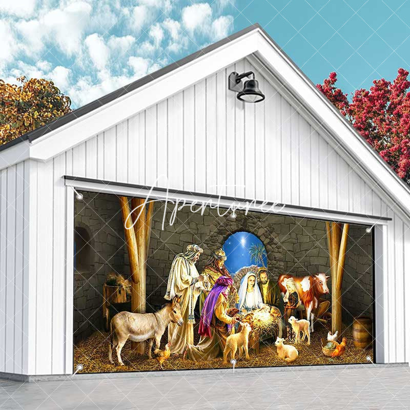 Aperturee - Aperturee Starry Night Stone Shed Nativity Garage Door Banner