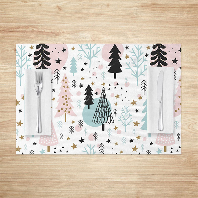 Aperturee - Aperturee Starry Pink Green Tree Christmas Set Of 4 Placemats