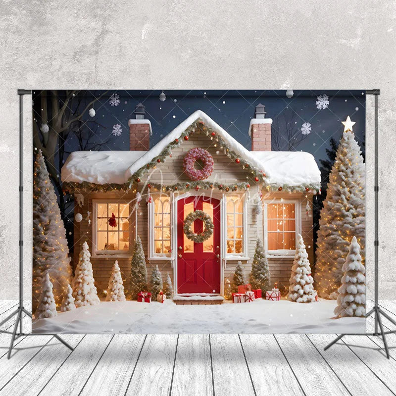 Aperturee - Aperturee Starry Snowy Night House Merry Christmas Backdrop