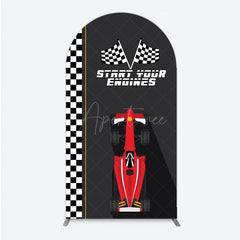Aperturee - Aperturee Start Your Engines Race Car Arch Backdrop for Baby Shower Red Car and Checkered Flag Boy Party Photo Booth