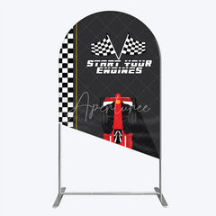 Aperturee - Aperturee Start Your Engines Race Car Arch Backdrop for Baby Shower Red Car and Checkered Flag Boy Party Photo Booth