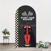 Aperturee - Aperturee Start Your Engines Race Car Arch Backdrop for Baby Shower Red Car and Checkered Flag Boy Party Photo Booth