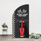 Aperturee - Aperturee Start Your Engines Race Car Half Moon Arch Backdrop for Baby Shower Red Car and Checkered Flag Boy Party Photo Booth