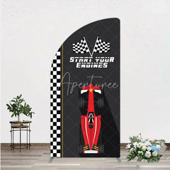 Aperturee - Aperturee Start Your Engines Race Car Half Moon Arch Backdrop for Baby Shower Red Car and Checkered Flag Boy Party Photo Booth