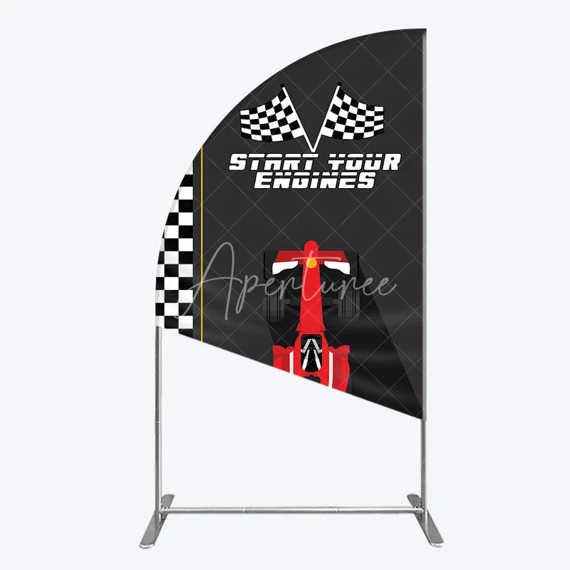 Aperturee - Aperturee Start Your Engines Race Car Half Moon Arch Backdrop for Baby Shower Red Car and Checkered Flag Boy Party Photo Booth