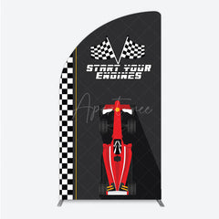 Aperturee - Aperturee Start Your Engines Race Car Half Moon Arch Backdrop for Baby Shower Red Car and Checkered Flag Boy Party Photo Booth