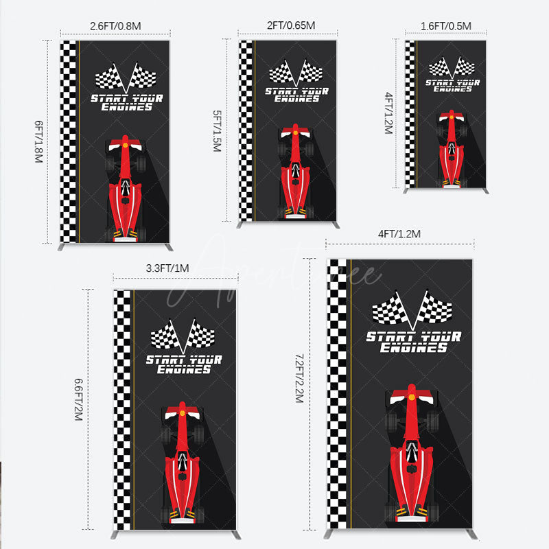 Aperturee - Aperturee Start Your Engines Race Car Rectangle Backdrop for Baby Shower Red Car and Checkered Flag Boy Party Photo Booth