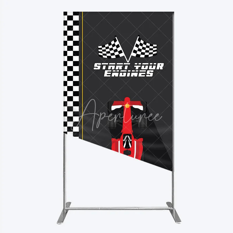 Aperturee - Aperturee Start Your Engines Race Car Rectangle Backdrop for Baby Shower Red Car and Checkered Flag Boy Party Photo Booth
