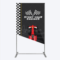 Aperturee - Aperturee Start Your Engines Race Car Rectangle Backdrop for Baby Shower Red Car and Checkered Flag Boy Party Photo Booth