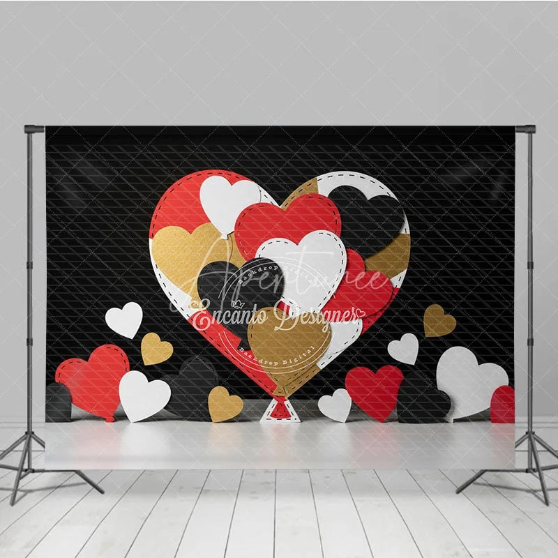 Aperturee - Aperturee Stitched Hearts Valentine Day Backdrop Red Black Gold Patchwork Love Background Abstract Art Photography Prop